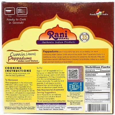 Rani Brand Authentic Indian Foods | Pappadums Jeera (Cumin) Papad 5 Rani Brand Authentic Indian Foods | Pappadums Jeera (Cumin) Papad - Image 3